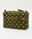 olive green medium toiletry bag with light grey floral symbols handmade from one-of-a-kind vintage fabrics