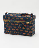 navy blue medium toiletry bag with a peach botanical leaf print handmade in India from vintage fabrics