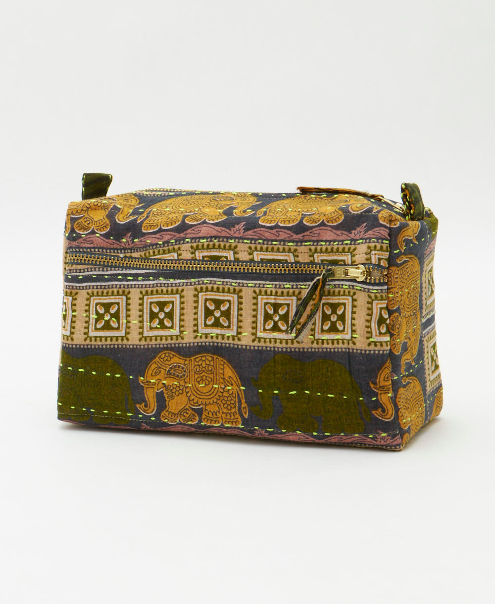 navy medium toiletry bag with olive green and golden yellow elephant print