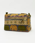 navy medium toiletry bag with olive green and golden yellow elephant print