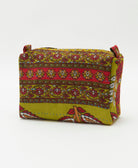 cosmetic travel bag in lime green & red abstract paisley print