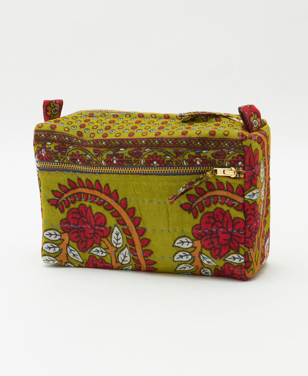 lime green medium toiletry bag with red floral & polka dot print handmade in India