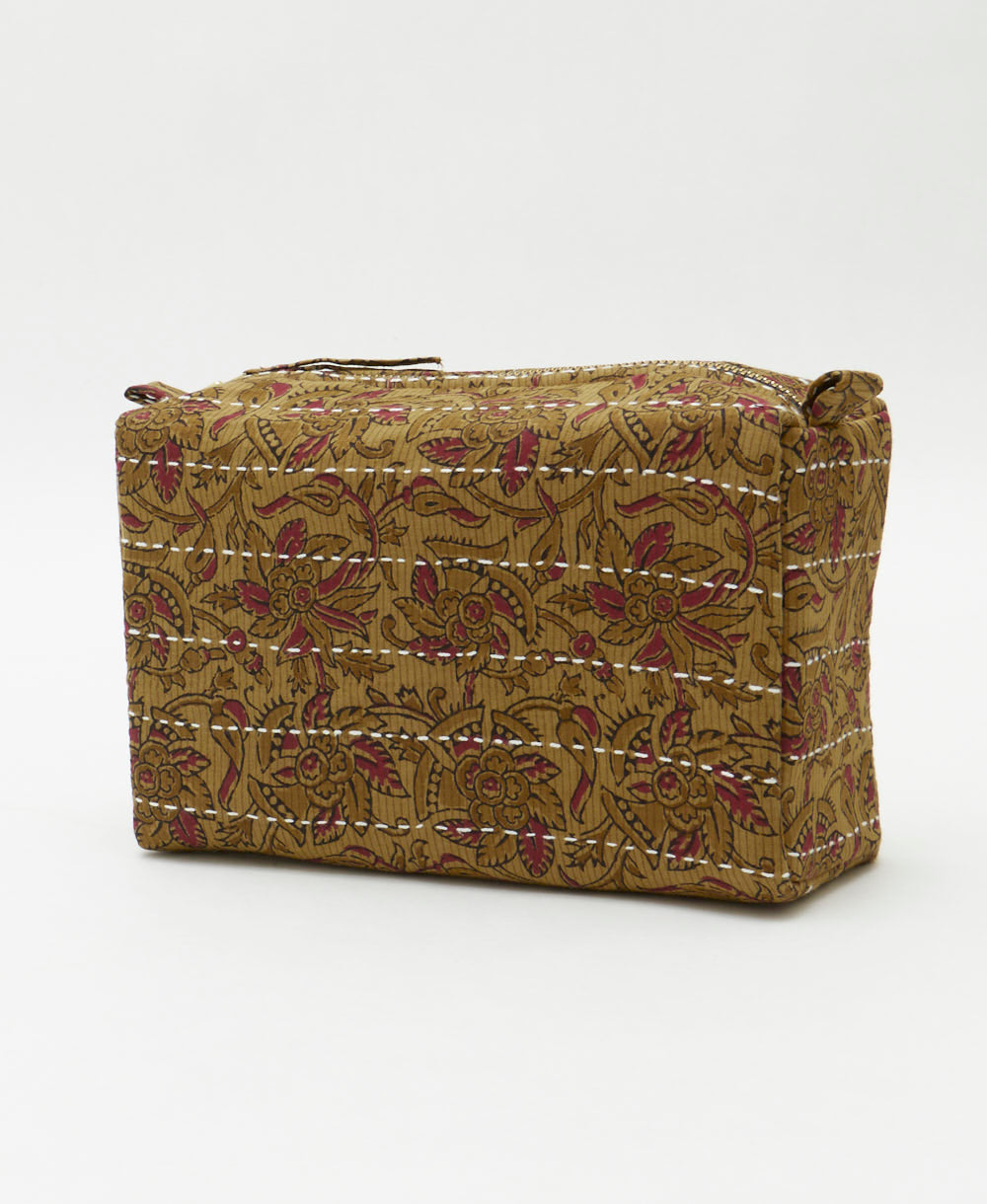 unique cosmetic travel bag in brown & maroon paisley pattern handmade in India