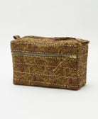 light brown medium toiletry bag with subtle maroon paisley pattern handmade by artisans in India from vintage saris