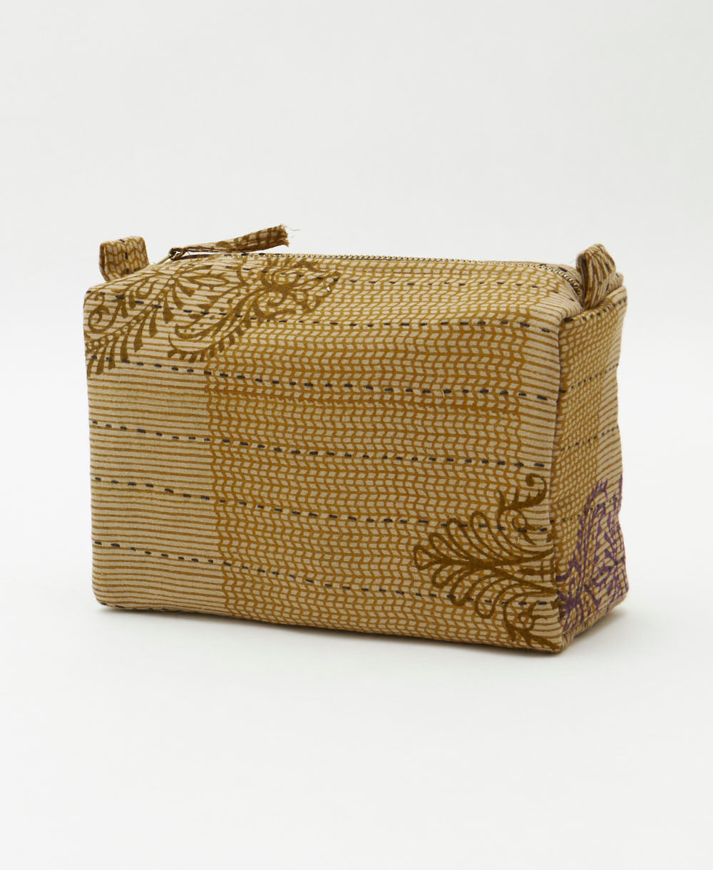 light brown cosmetic travel bag handmade in India by all women artisans from unique vintage saris