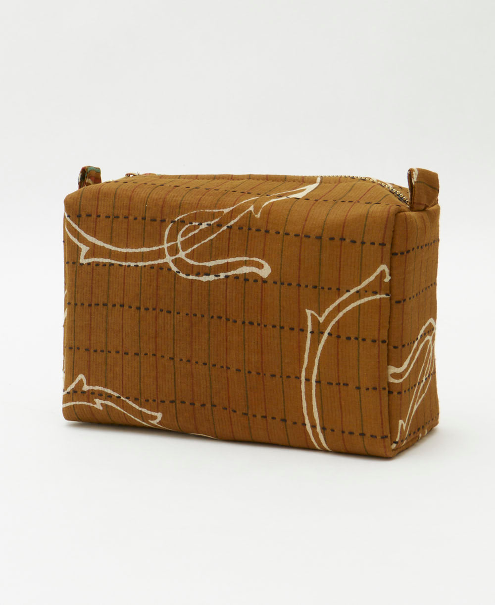 camel brown cosmetic travel bag with white tulip print ethically made from vintage cotton saris