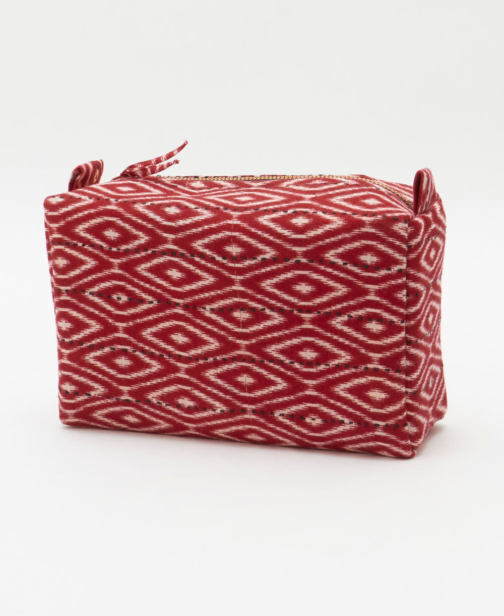 cosmetic travel bag in unique pattern sustainably made in India from repurposed vintage fabrics