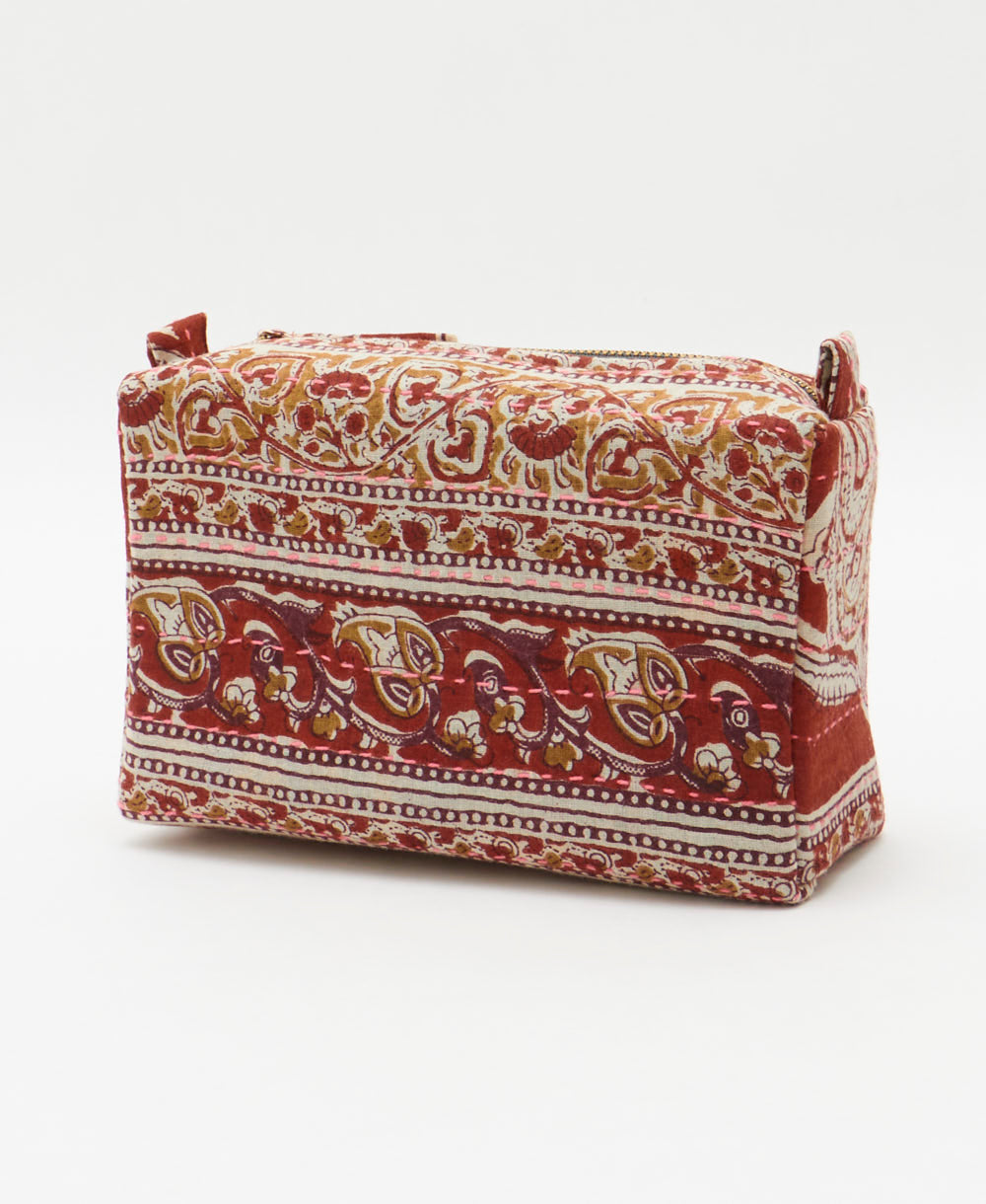 cosmetic travel bag in unique pattern sustainably made in India from repurposed vintage fabrics