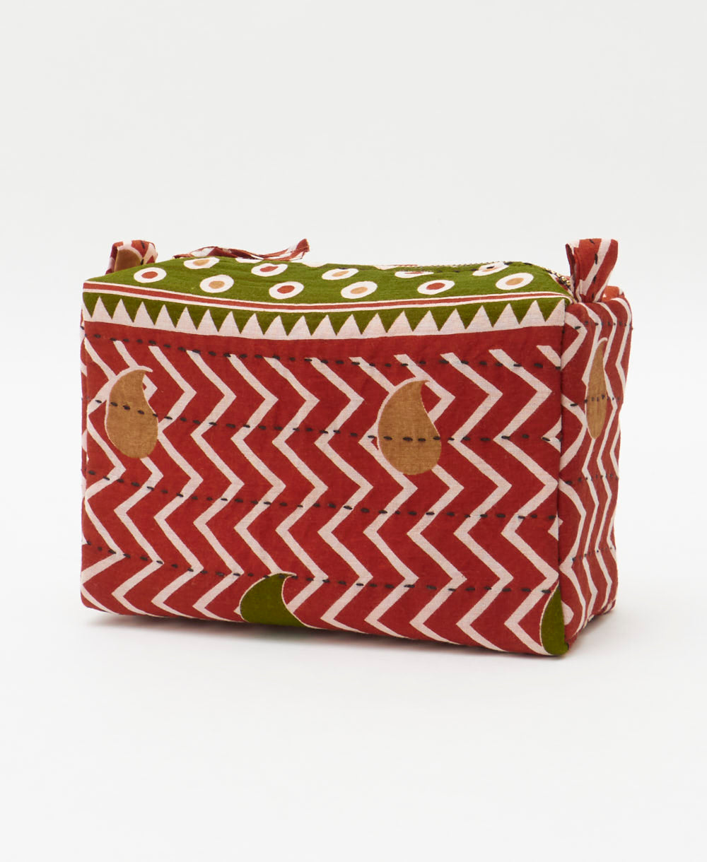 cosmetic travel bag in unique pattern sustainably made in India from repurposed vintage fabrics