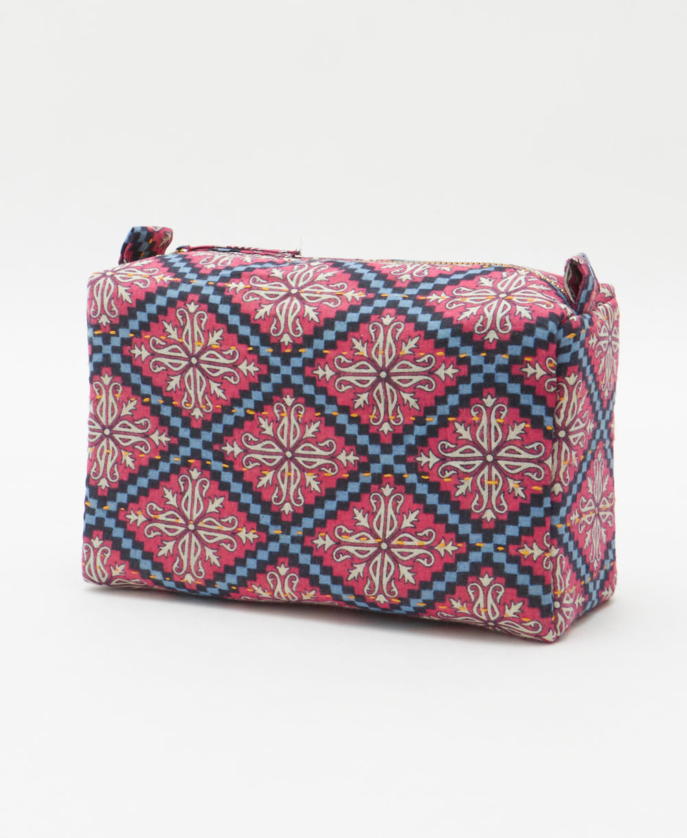 cosmetic travel bag in unique pattern sustainably made in India from repurposed vintage fabrics