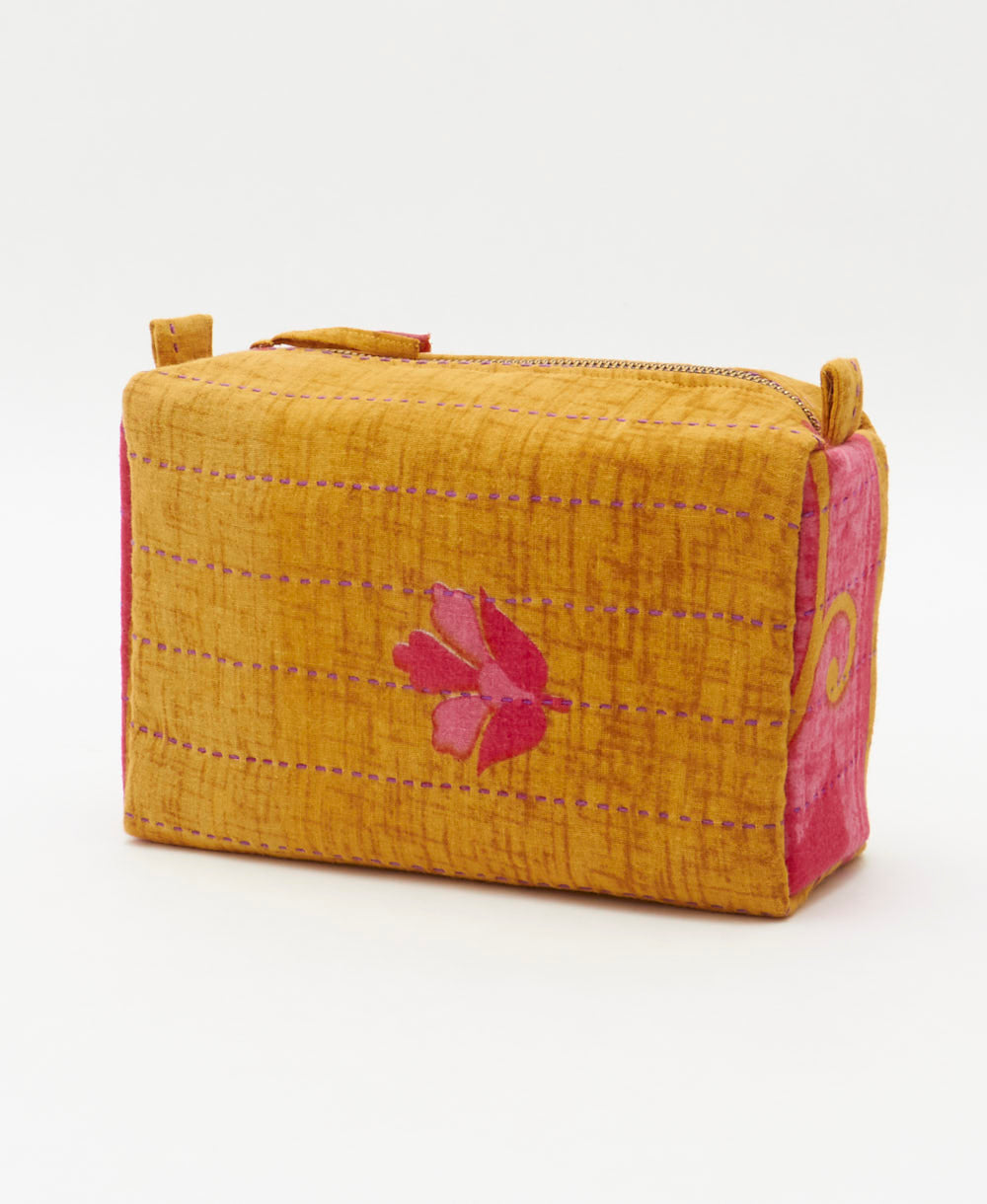 cosmetic travel bag in unique pattern sustainably made in India from repurposed vintage fabrics