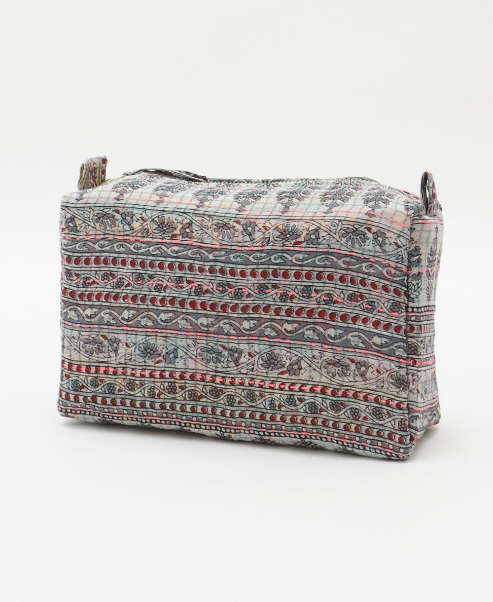 cosmetic travel bag in unique pattern sustainably made in India from repurposed vintage fabrics