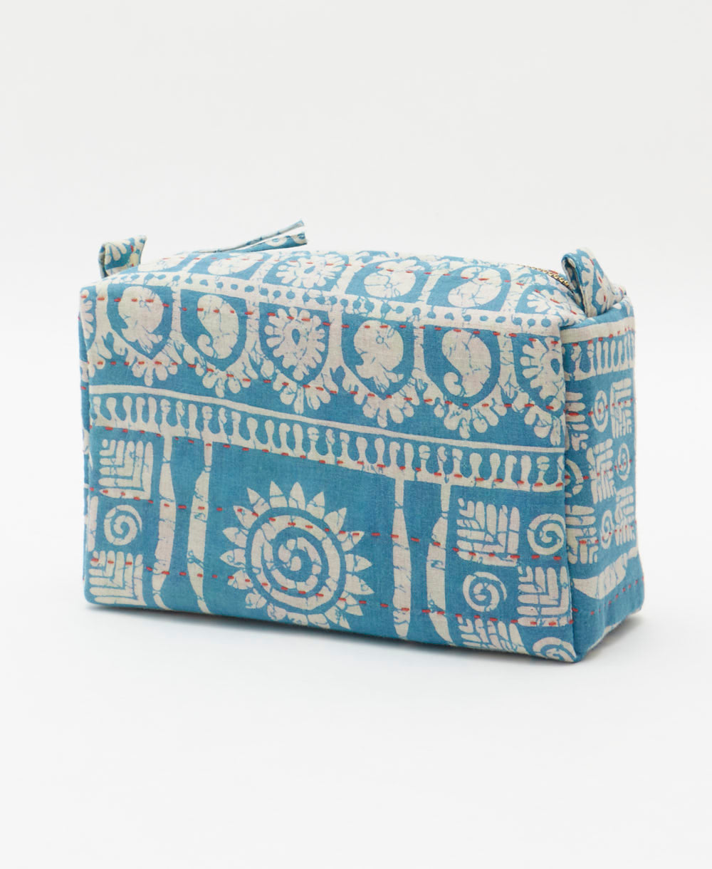 cosmetic travel bag in unique pattern sustainably made in India from repurposed vintage fabrics