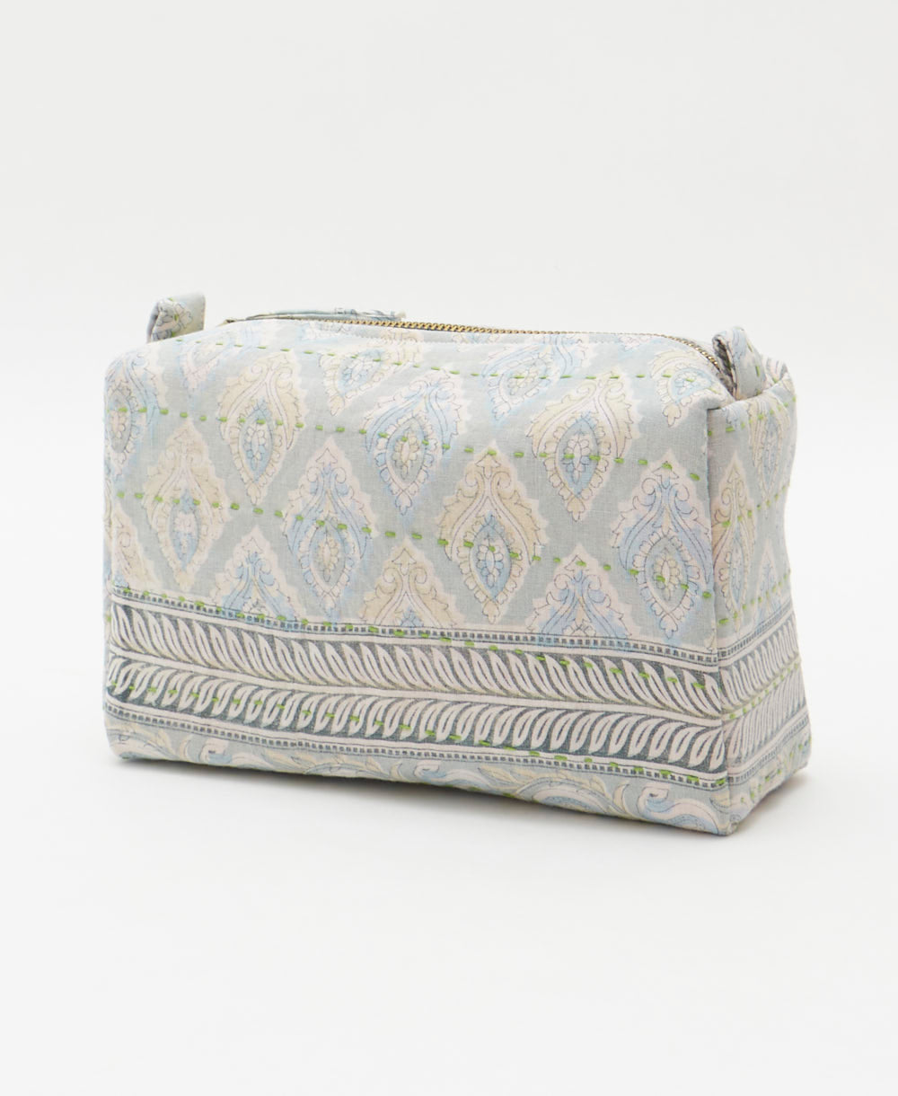 cosmetic travel bag in unique pattern sustainably made in India from repurposed vintage fabrics