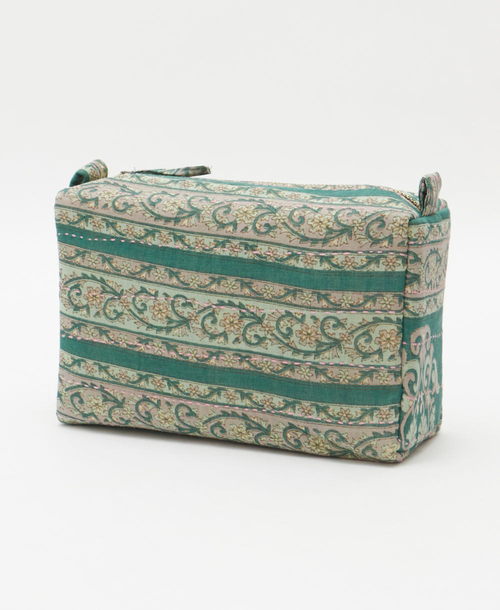 cosmetic travel bag in unique pattern sustainably made in India from repurposed vintage fabrics