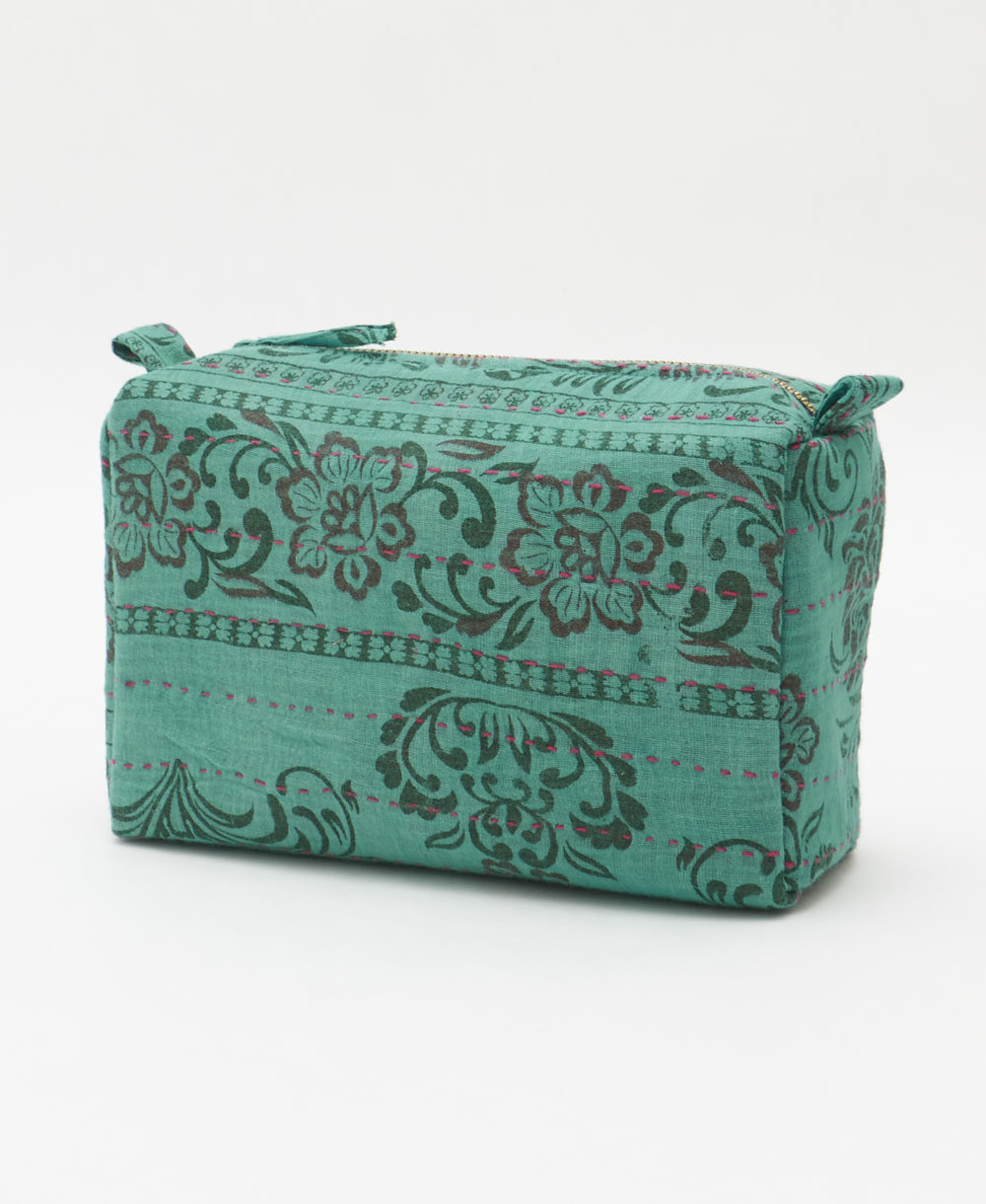 cosmetic travel bag in unique pattern sustainably made in India from repurposed vintage fabrics