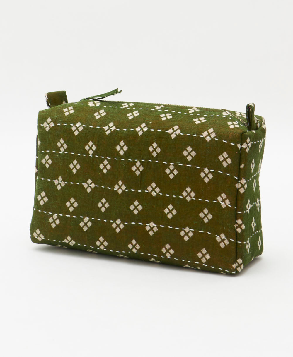 cosmetic travel bag in unique pattern sustainably made in India from repurposed vintage fabrics