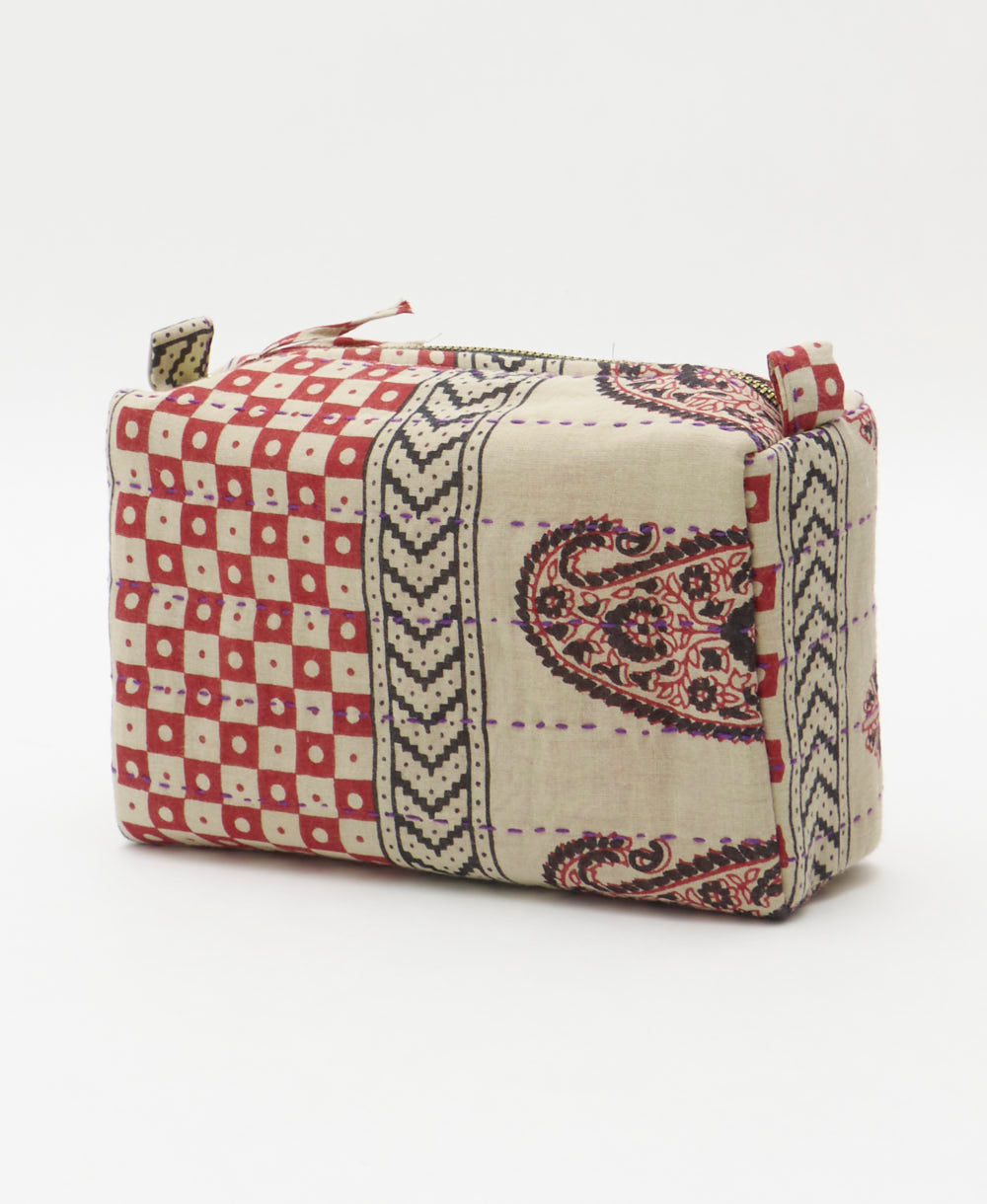 cosmetic travel bag in unique pattern sustainably made in India from repurposed vintage fabrics