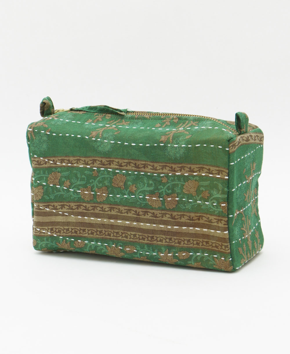 cosmetic travel bag handmade in India with two zippered compartments
