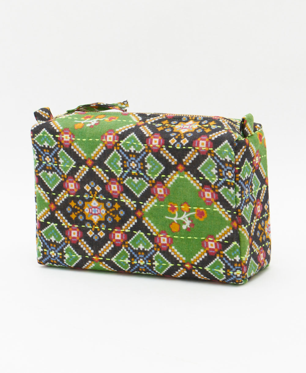 cosmetic travel bag handmade in India with two zippered compartments