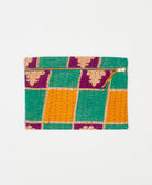 green, yellow-orange and purple checkered pouch with blue hand-stitched embroidery