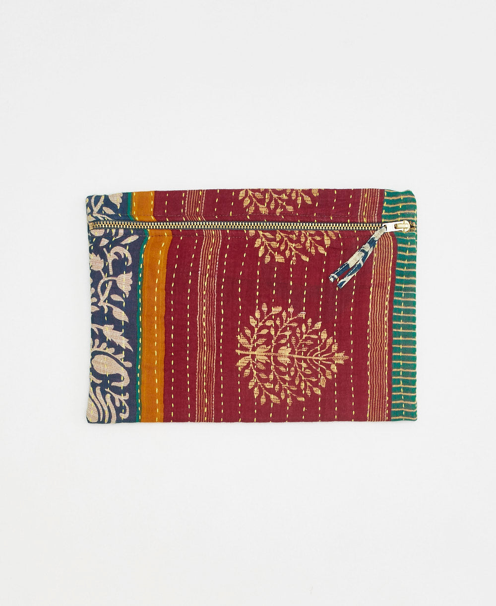 kantha pouch with red, navy, yellow and green stripe print made from vintage saris