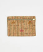 tan small pouch with red and orange floral print lined inside with canvas