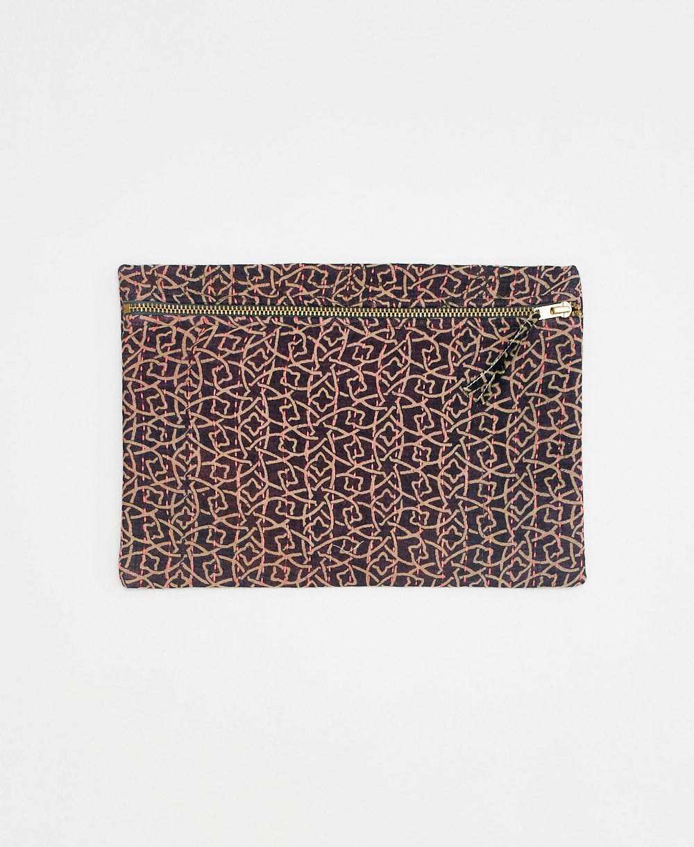 dark purple and tan abstract floral print small pouch made of vintage cotton saris