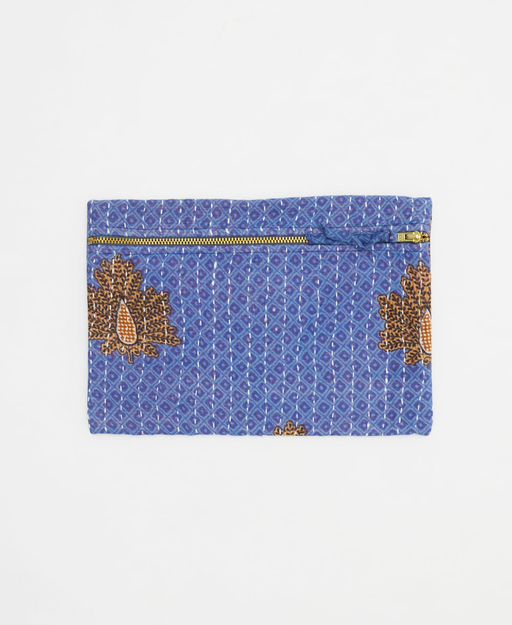 cornflower blue small pouch with a diamond print handmade in India from vintage cotton saris with white kantha stitching