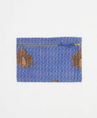 cornflower blue small pouch with a diamond print handmade in India from vintage cotton saris with white kantha stitching