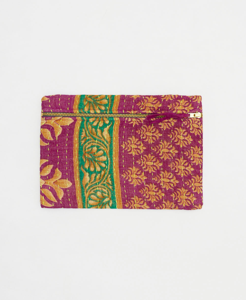 mulberry purple small pouch with tan & green floral print handmade from vintage cotton saris in India