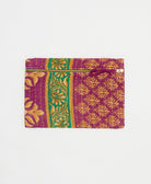 mulberry purple small pouch with tan & green floral print handmade from vintage cotton saris in India