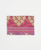 lavender and pink small zipper pouch with tan abstract pattern with green kantha stitching