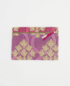 lavender small pouch with pink and tan floral print made in India from vintage cotton saris