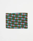 brown small zipper pouch with purple & teal teardrop pattern with yellow kantha stitching