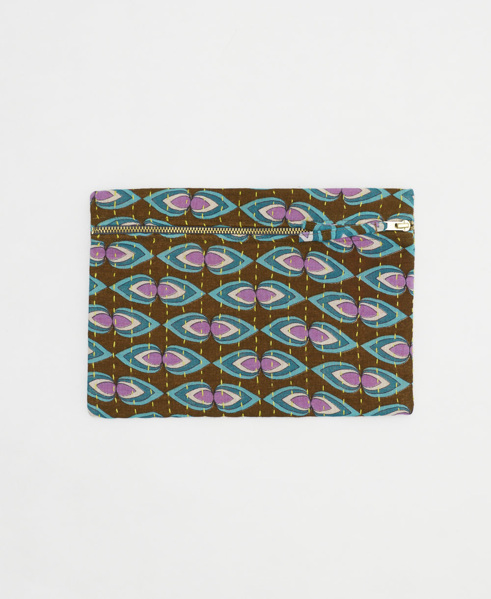 brown small pouch with teal and orchid purple teardrop abstract print handmade from vintage cotton fabrics in India