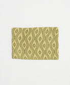 pale yellow small zipper pouch in olive green wavy print with maroon kantha stitching