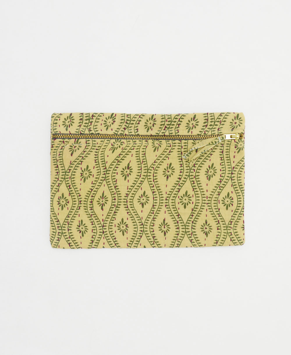 sandy yellow small pouch with olive green floral wavy print handmade in India from vintage cotton saris