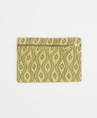 sandy yellow small pouch with olive green floral wavy print handmade in India from vintage cotton saris