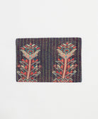 eco-friendly small zipper pouch in faded navy with coral and teal geometric print with neon green kantha stitching