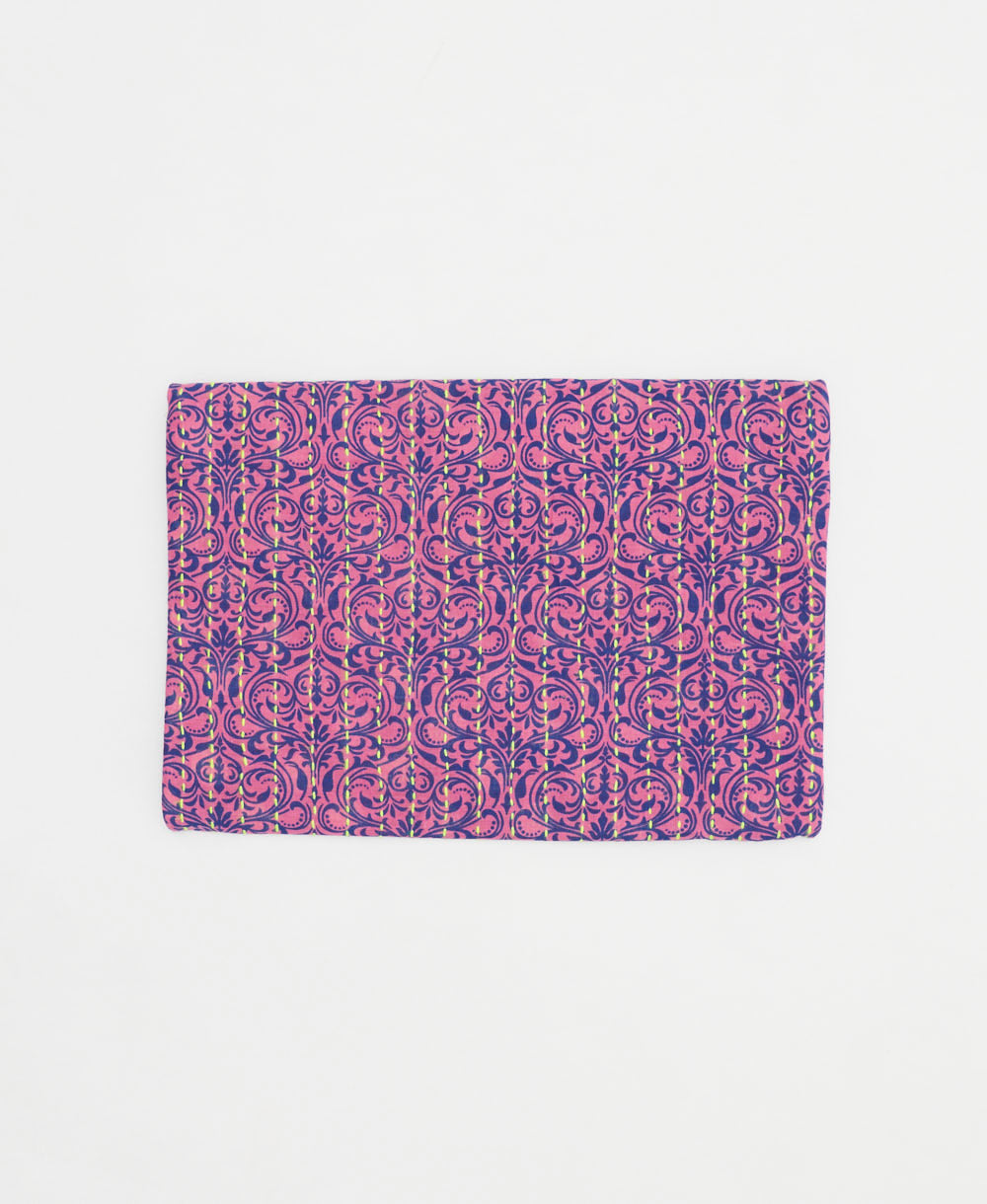 eco-friendly small zipper pouch in pink and blue swirl pattern with neon green kantha stitching