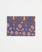 indigo blue small zipper pouch with black and tan floral and checkered design with yellow stitching