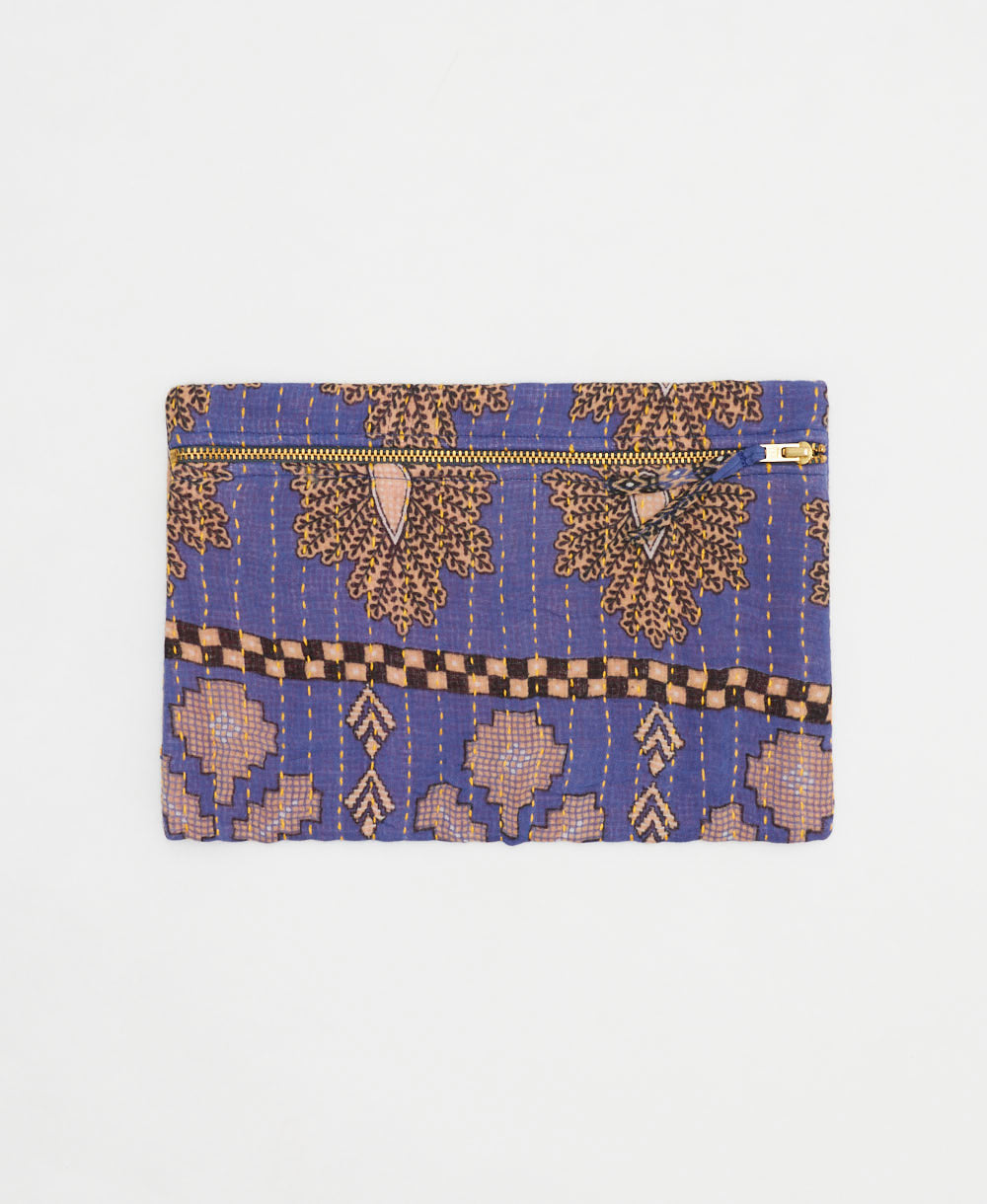 purplish blue small pouch with tan and black floral print handmade in India from vintage cotton saris