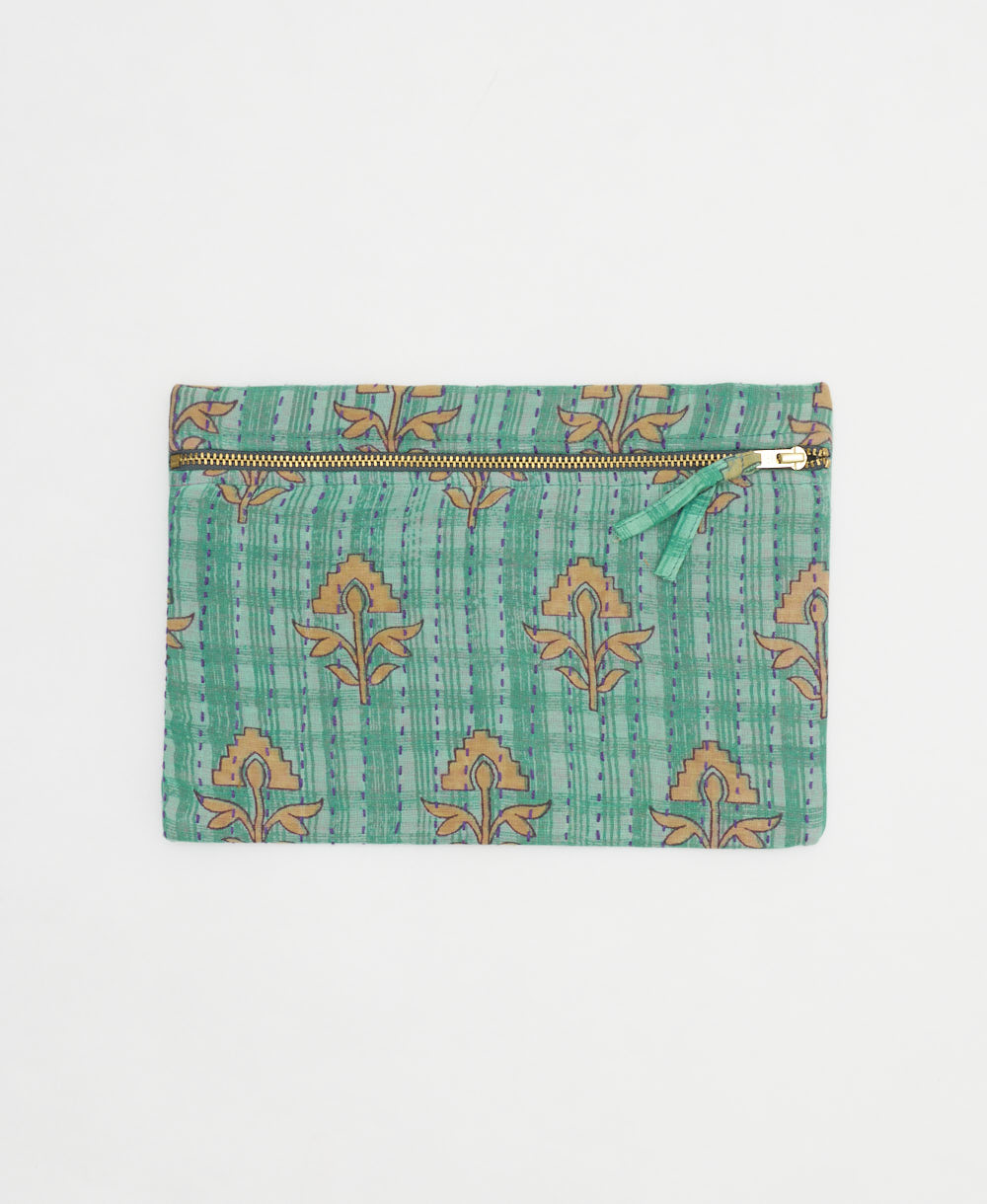 seafoam green small pouch in subtle plaid design with tan abstract floral print made from vintage saris in India