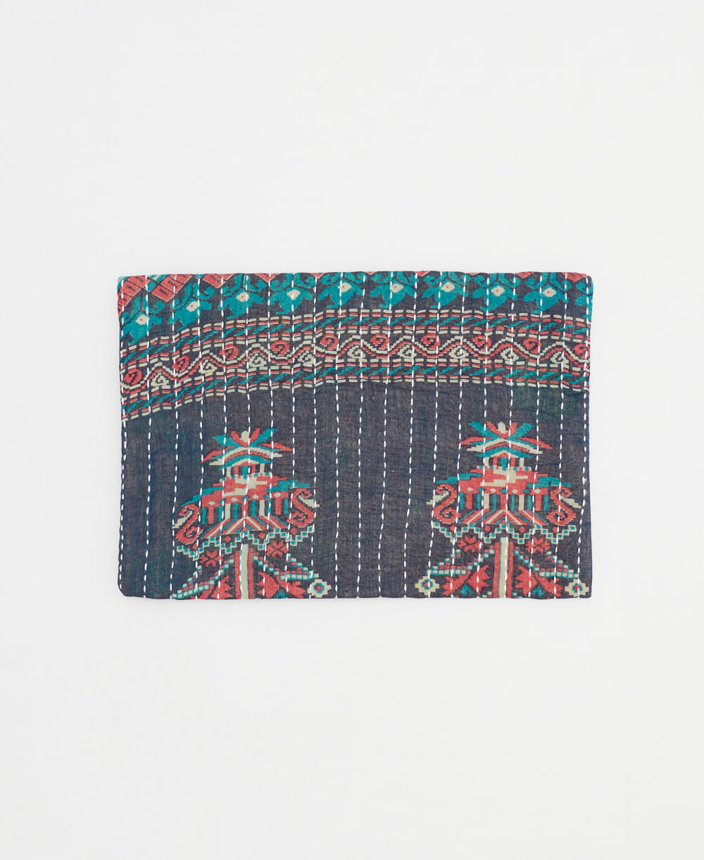 navy small zipper pouch with one-of-a-kind geometric floral print handmade by women in India