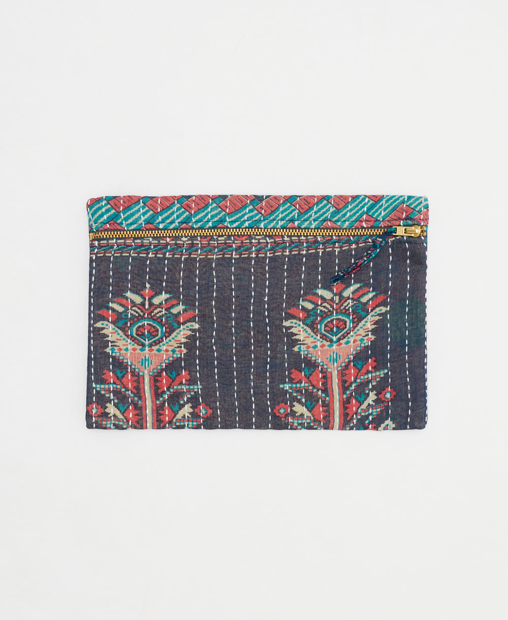 faded navy small pouch with blue & red geometric floral print with white kantha stitching