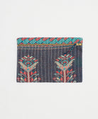 faded navy small pouch with blue & red geometric floral print with white kantha stitching