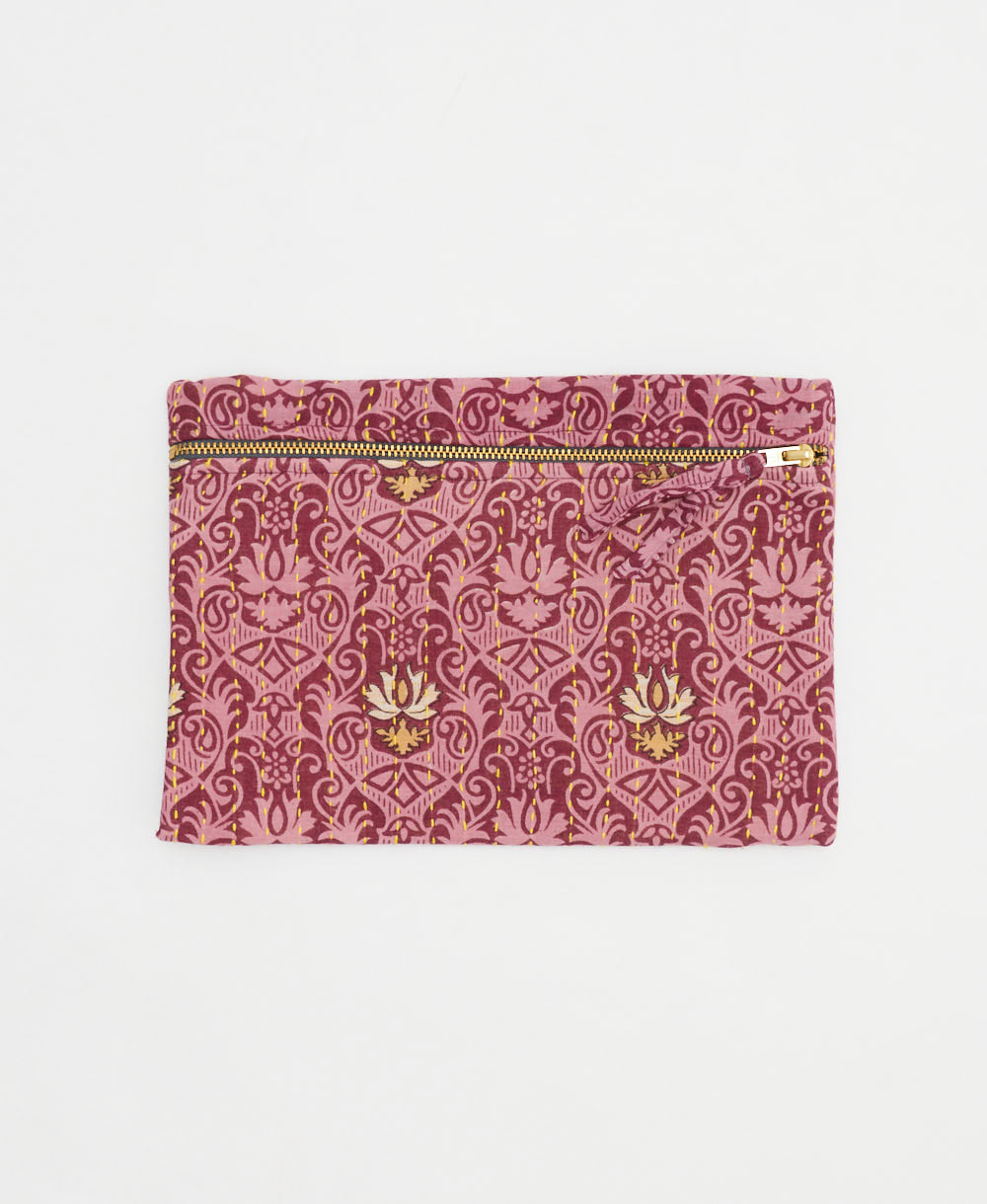 mauve small pouch in swirling pink abstract pattern made from vintage cotton saris in India