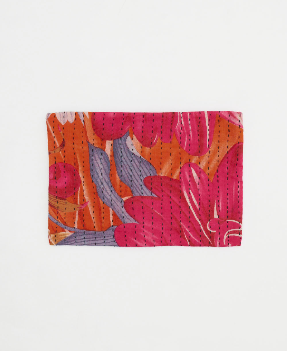 hot pink small zipper pouch with oversized tan & purple floral design with black kantha stitching