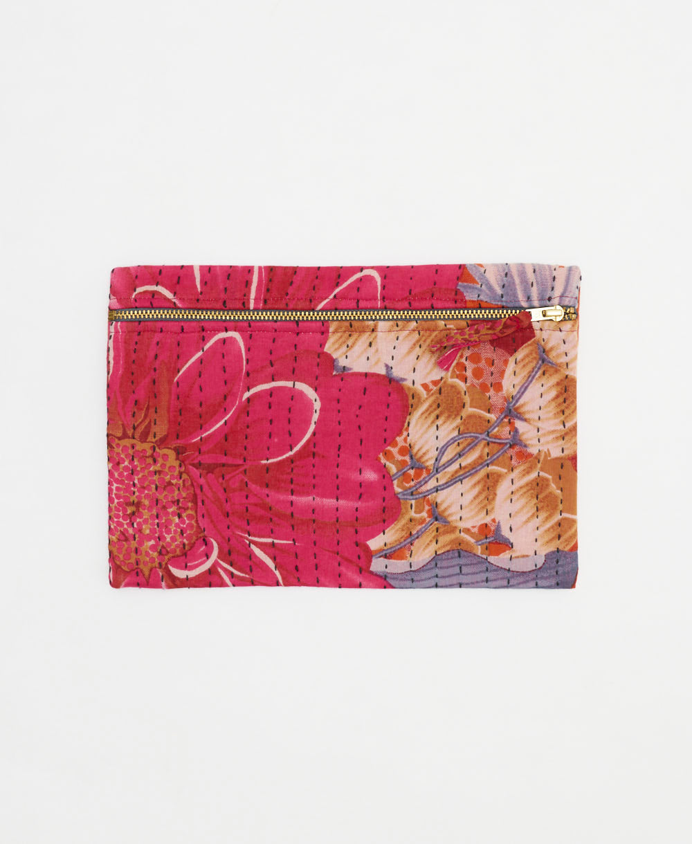 hot pink small pouch with oversized tan and purple abstract floral print handmade in India from vintage saris